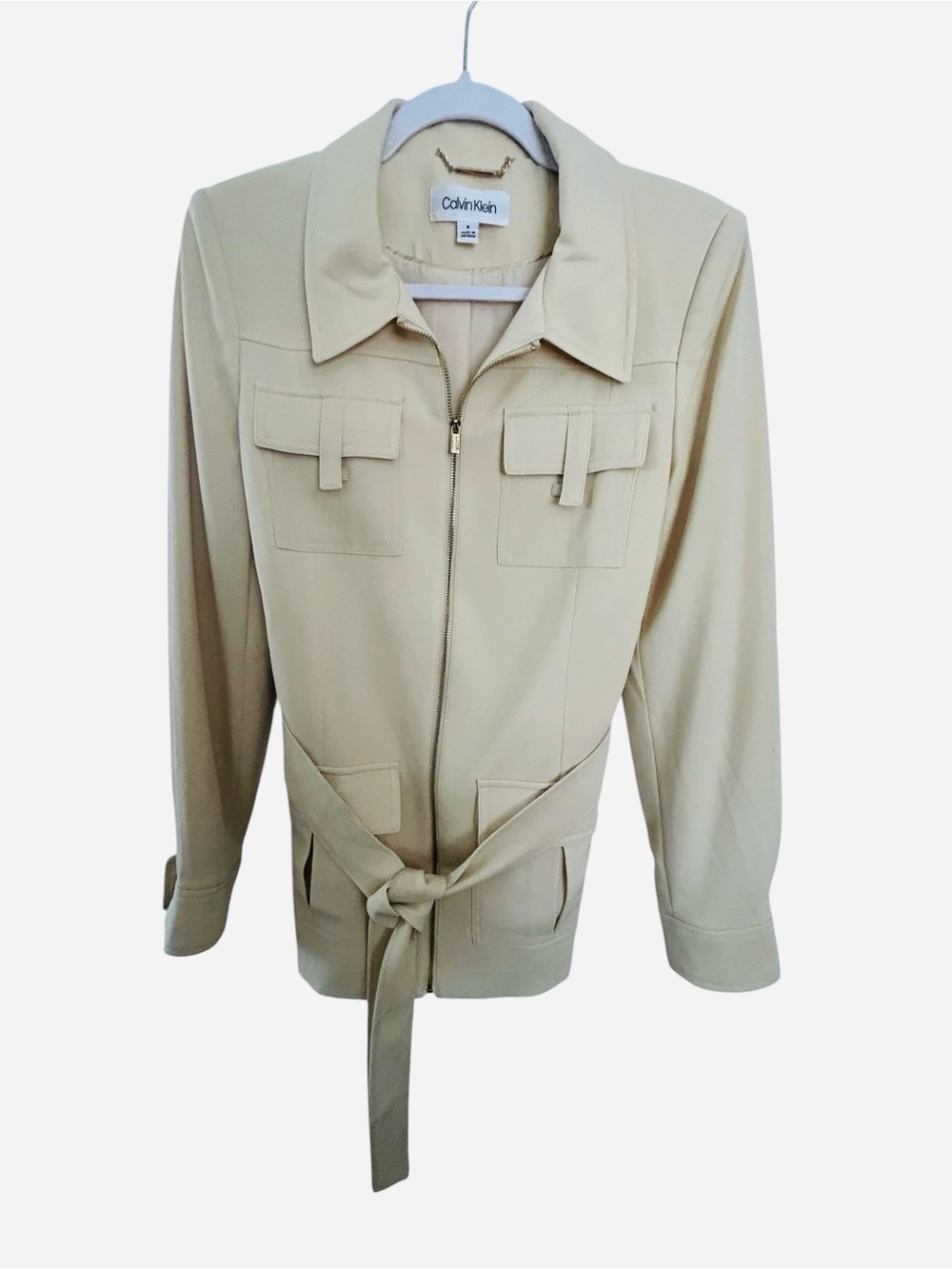 Calvin Klein Classic Off White Utility Zip Jacket with Self Tie Removable Belt - Picture 2 of 5